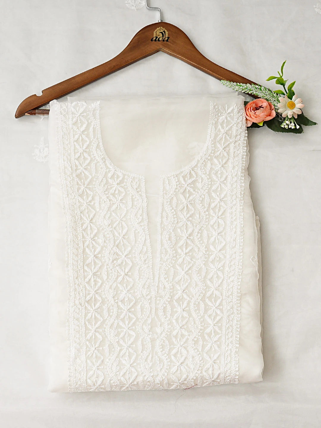 Ada Hand Embroidered White Organza Lucknowi Unstitched Chikankari Kurta Dupatta Set 01A907778