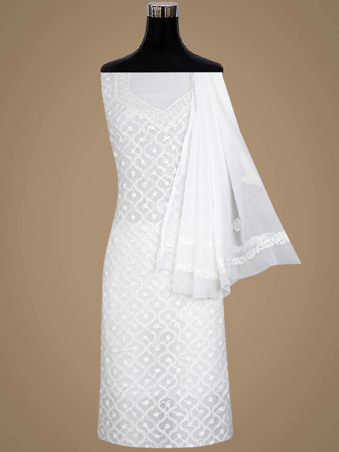 Ada Hand Embroidered White Georgette Lucknowi Chikankari Unstitched Suit Piece 01A879224