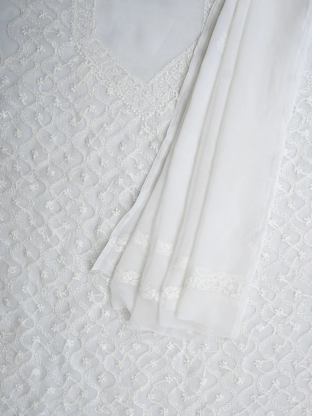 Ada Hand Embroidered White Georgette Lucknowi Chikankari Unstitched Suit Piece 01A879224