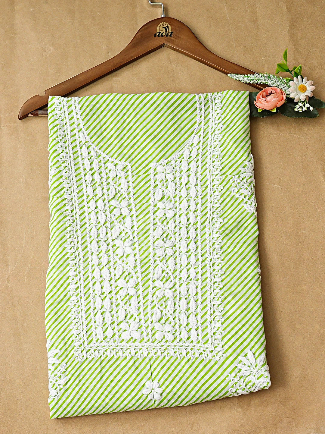 Ada Hand Embroidered Green Cotton Lucknowi Chikankari Unstitched Kurta 01A892965