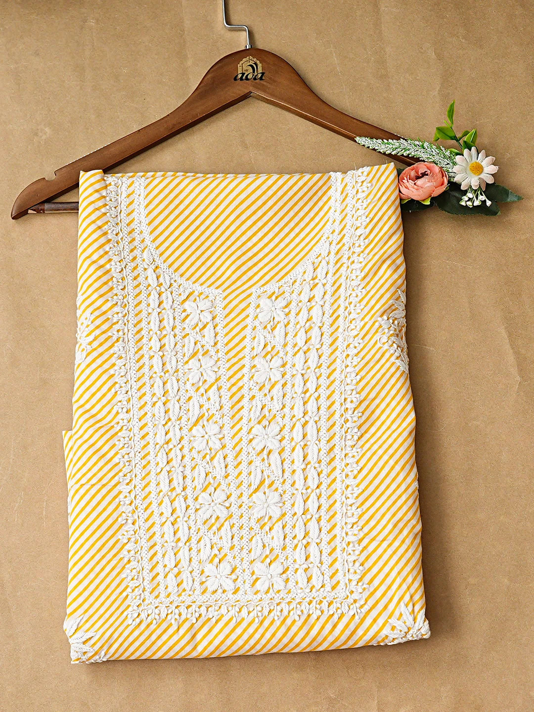 Ada Hand Embroidered Yellow Cotton Lucknowi Chikankari Unstitched Kurta 01A893304