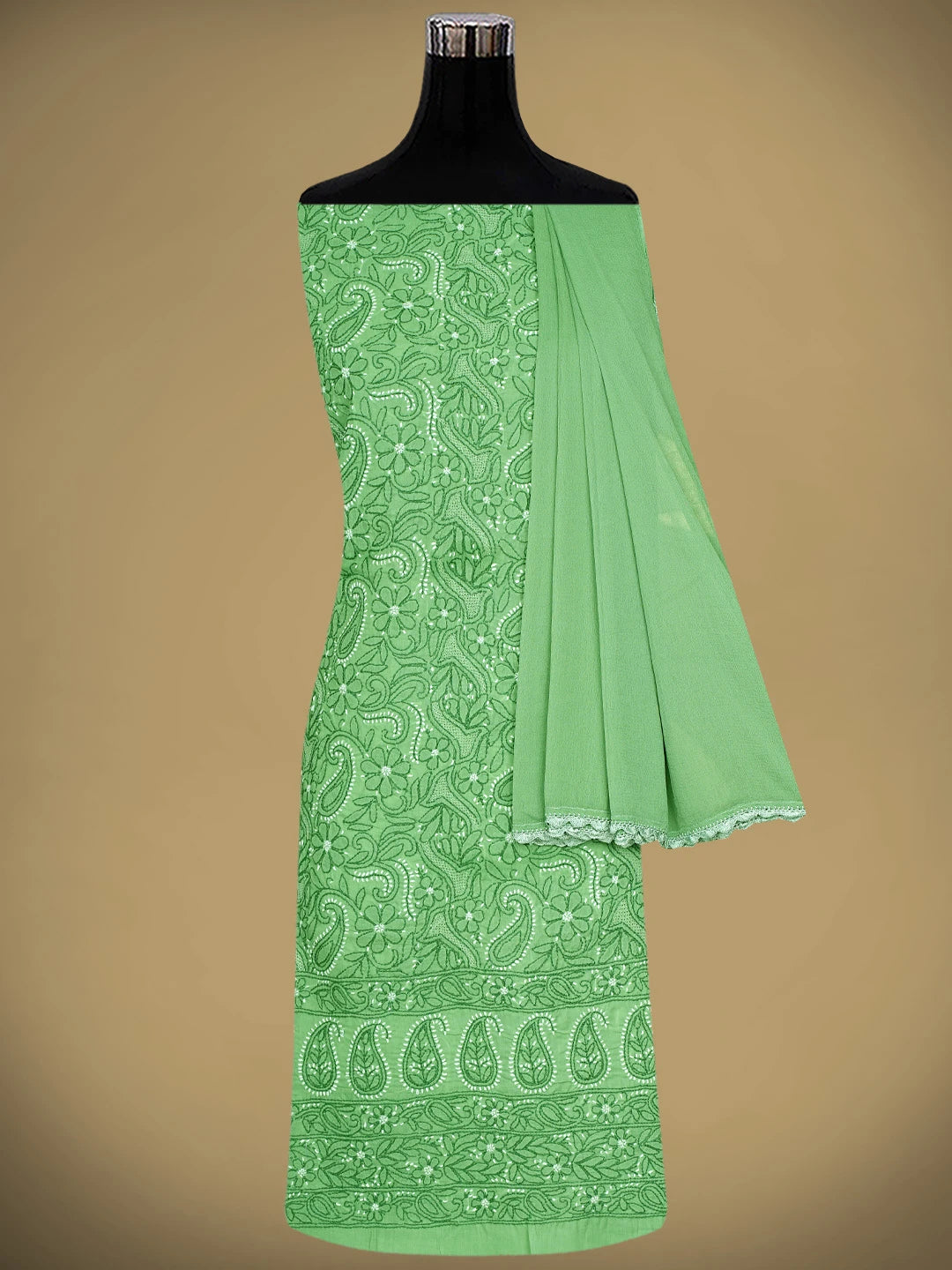 Ada Hand Embroidered Willow Green Cotton Lucknowi Chikankari Unstitched Suit Piece 01A919465