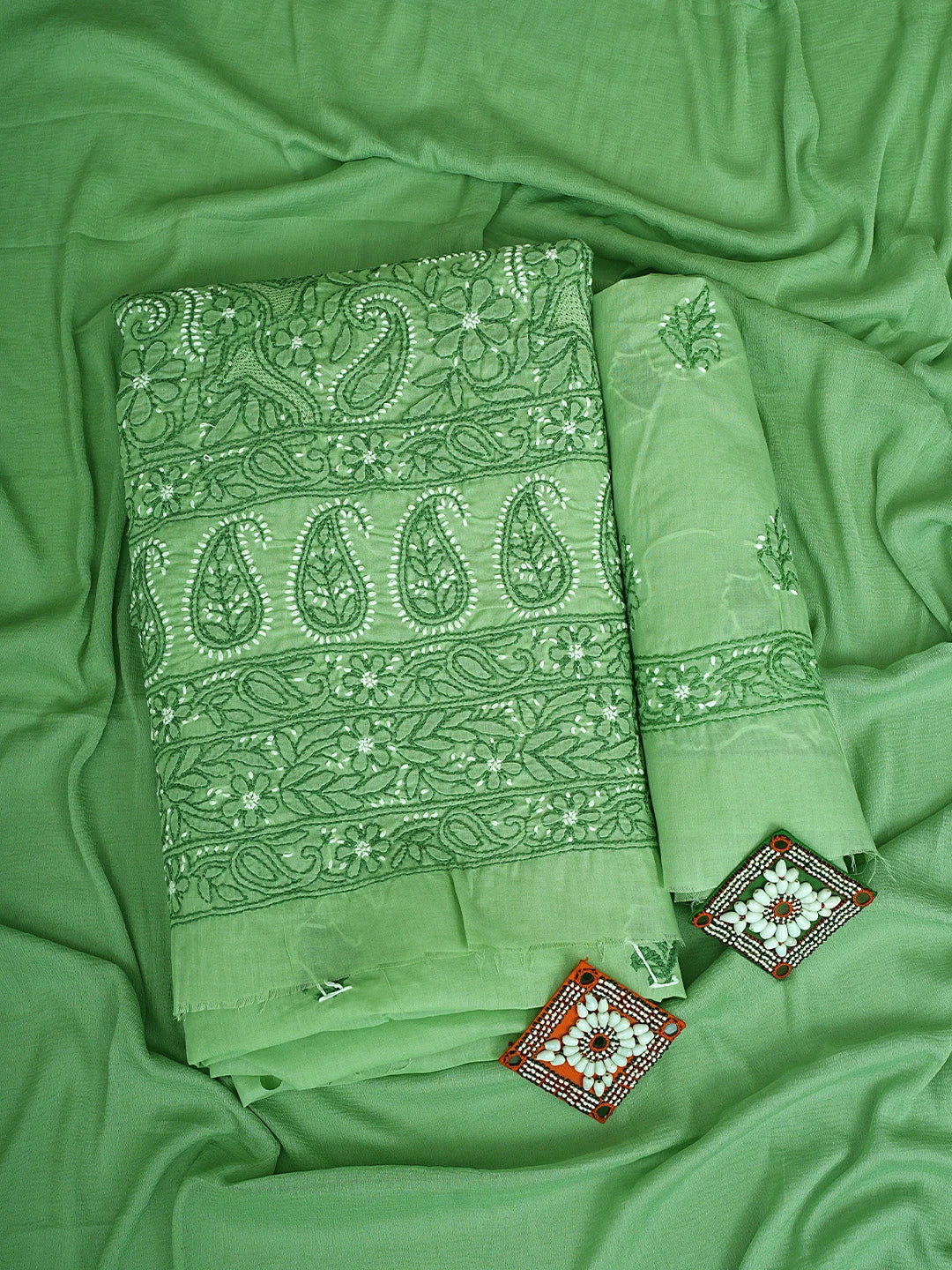 Ada Hand Embroidered Willow Green Cotton Lucknowi Chikankari Unstitched Suit Piece 01A919465