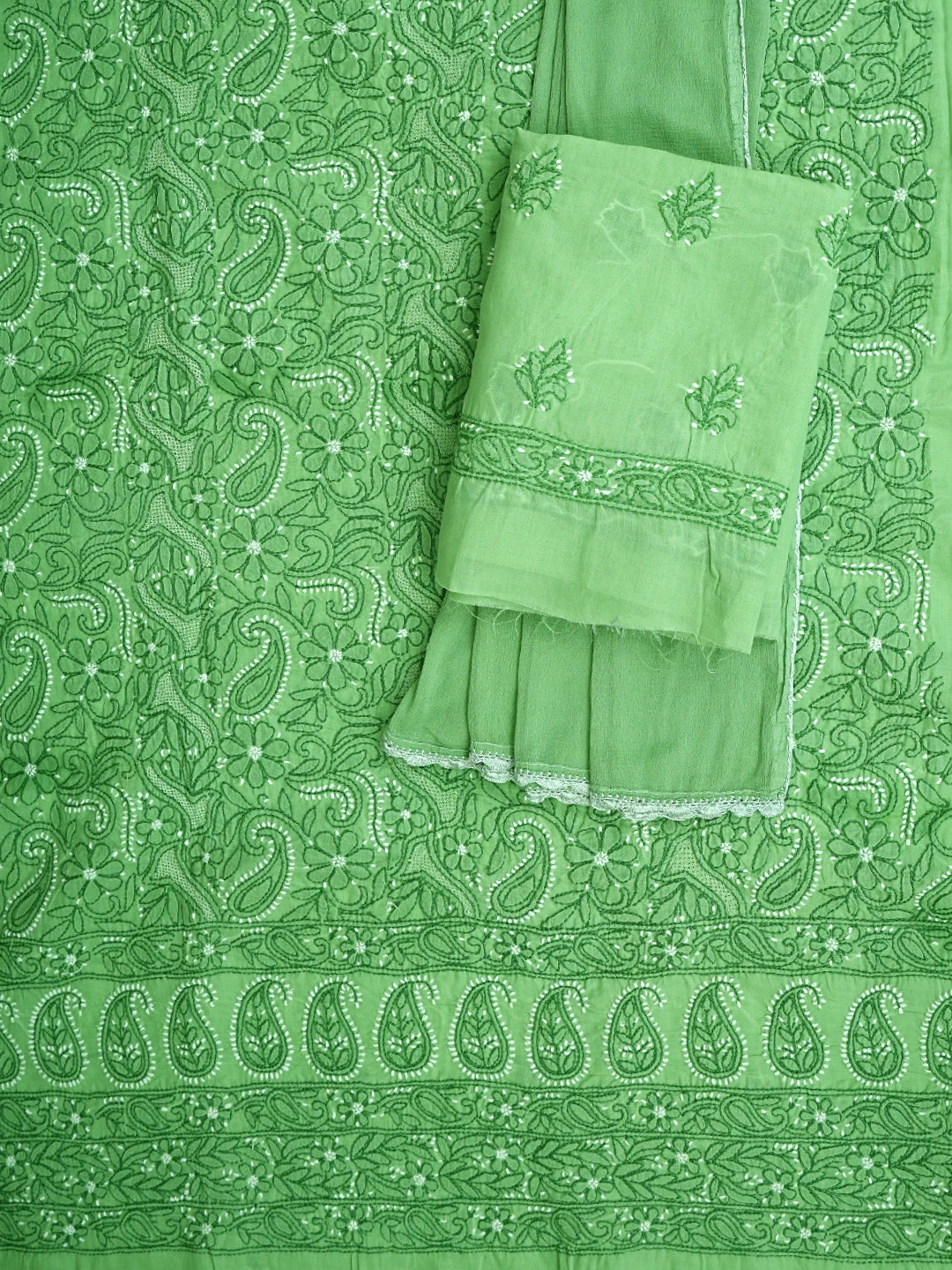Ada Hand Embroidered Willow Green Cotton Lucknowi Chikankari Unstitched Suit Piece 01A919465