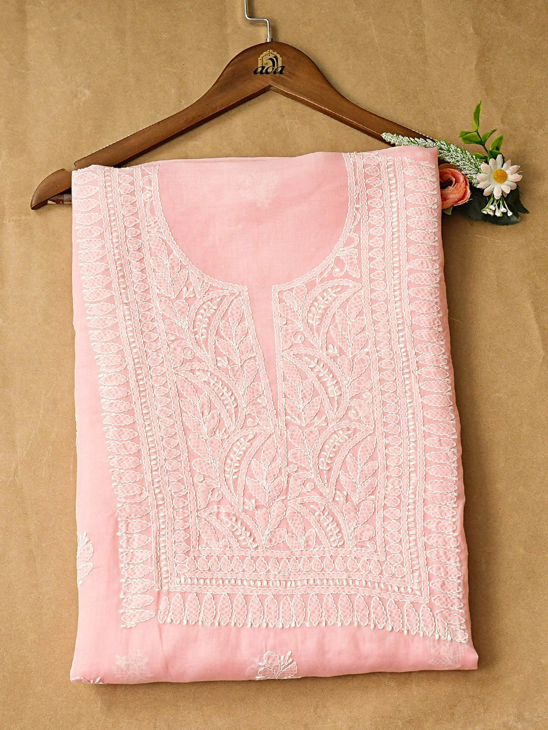 Ada Hand Embroidered Peach Cotton Lucknowi Chikankari Unstitched Kurta 01A916506