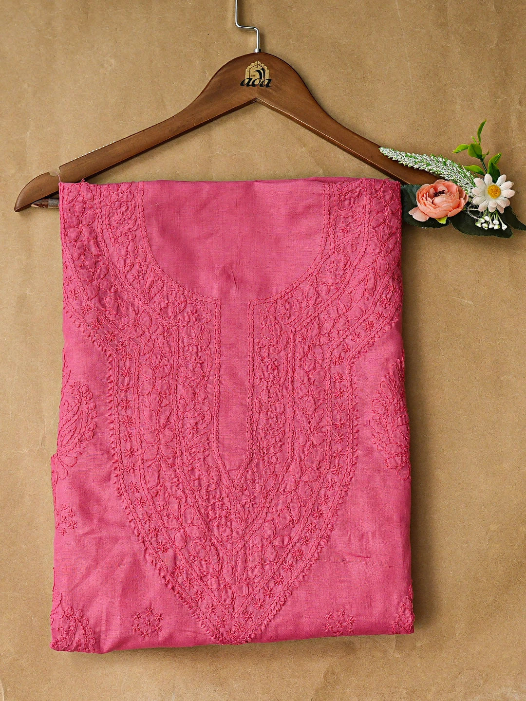 Ada Hand Embroidered Carrot Pink Cotton Lucknowi Chikankari Unstitched Kurta 01A917910