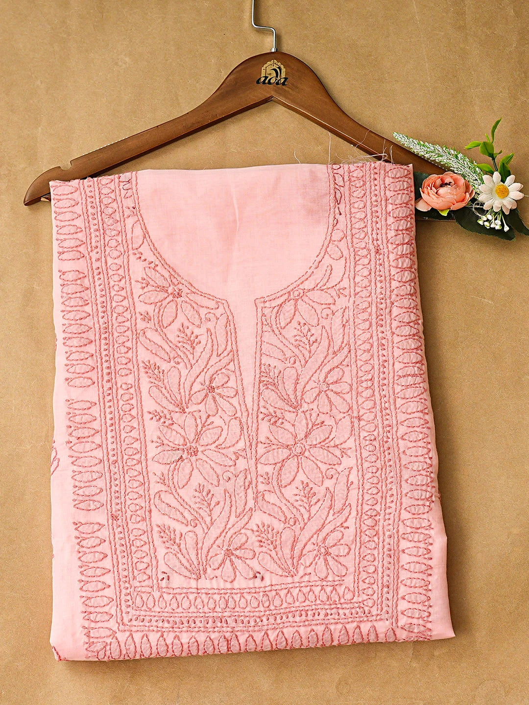 Ada Hand Embroidered Peach Cotton Lucknowi Chikankari Unstitched Kurta 01A916510