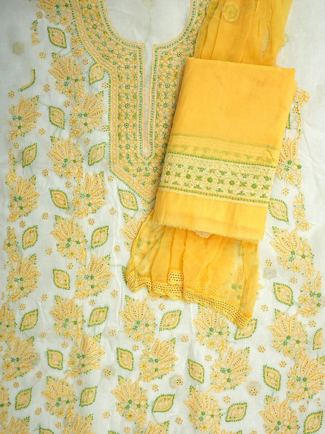 Ada Hand Embroidered Cream Cotton Lucknowi Chikankari Unstitched Suit Piece 01A919373