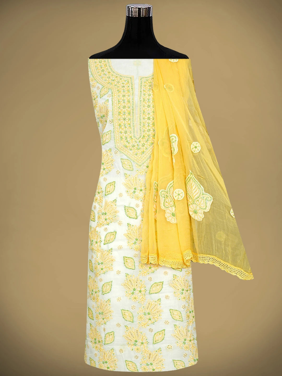 Ada Hand Embroidered Cream Cotton Lucknowi Chikankari Unstitched Suit Piece 01A919373