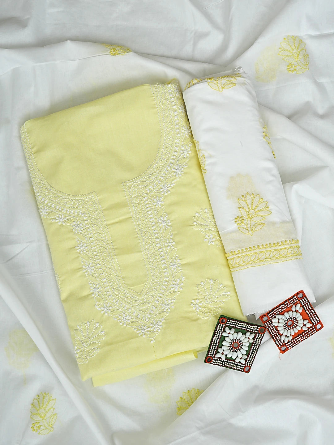 Ada Hand Embroidered Lemon Cotton Lucknowi Chikankari Unstitched Suit Piece 01A914755