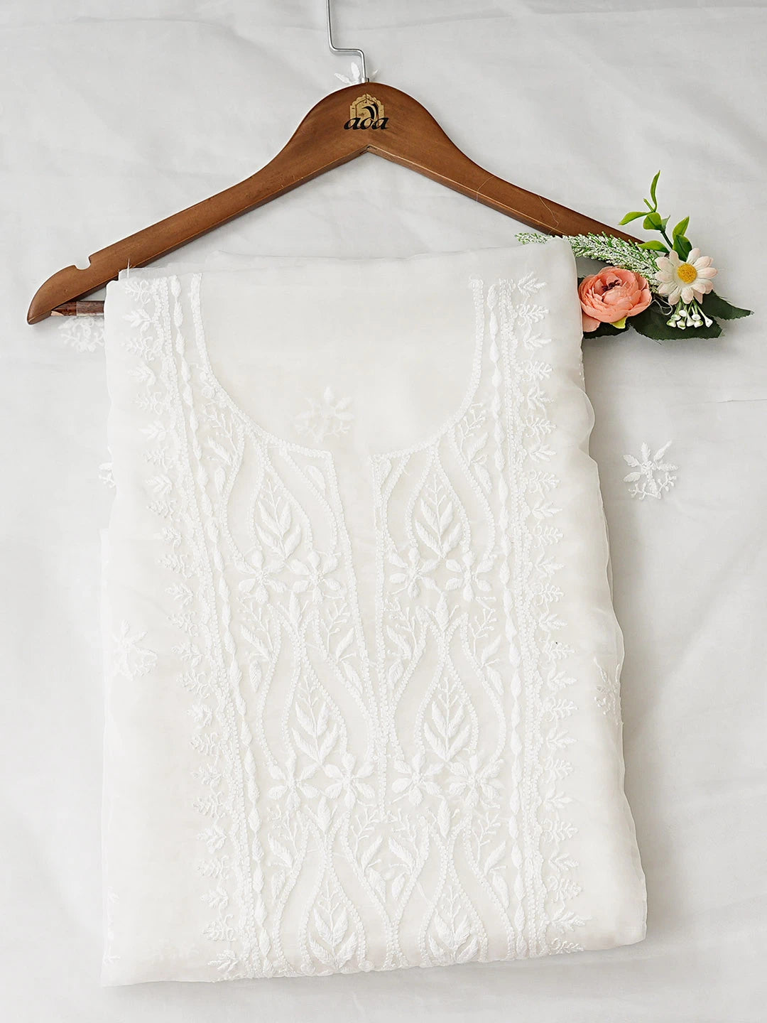 Ada Hand Embroidered Eggshell White Organza Lucknowi Chikankari Unstitched Kurta Dupatta Set 01A907769
