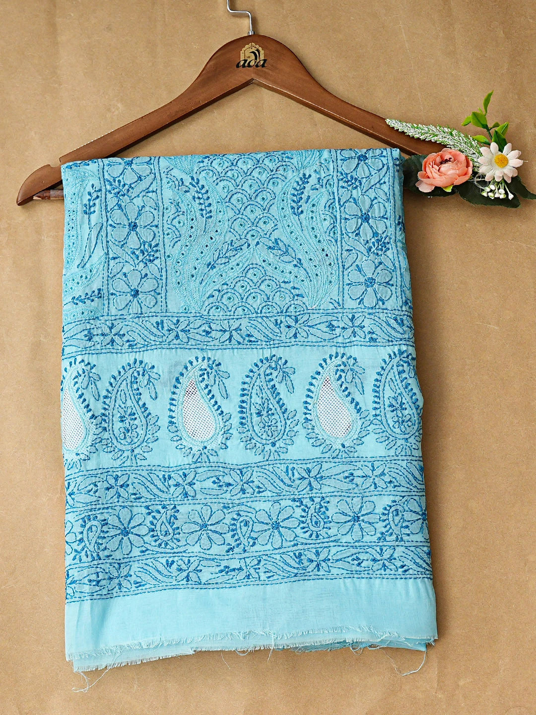 Ada Hand Embroidered Blue Cotton Lucknowi Chikankari Unstitched Kurta 01A898526