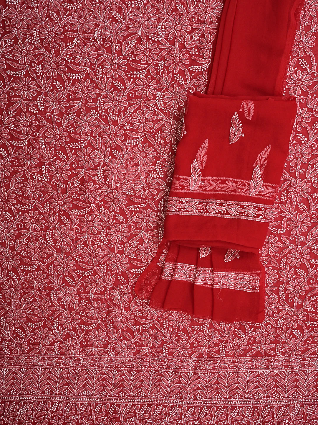 Ada Hand Embroidered Red Faux Georgette Lucknowi Chikankari Unstitched Suit Piece 01A915184