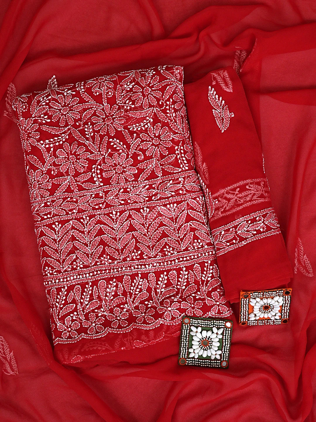 Ada Hand Embroidered Red Faux Georgette Lucknowi Chikankari Unstitched Suit Piece 01A915184