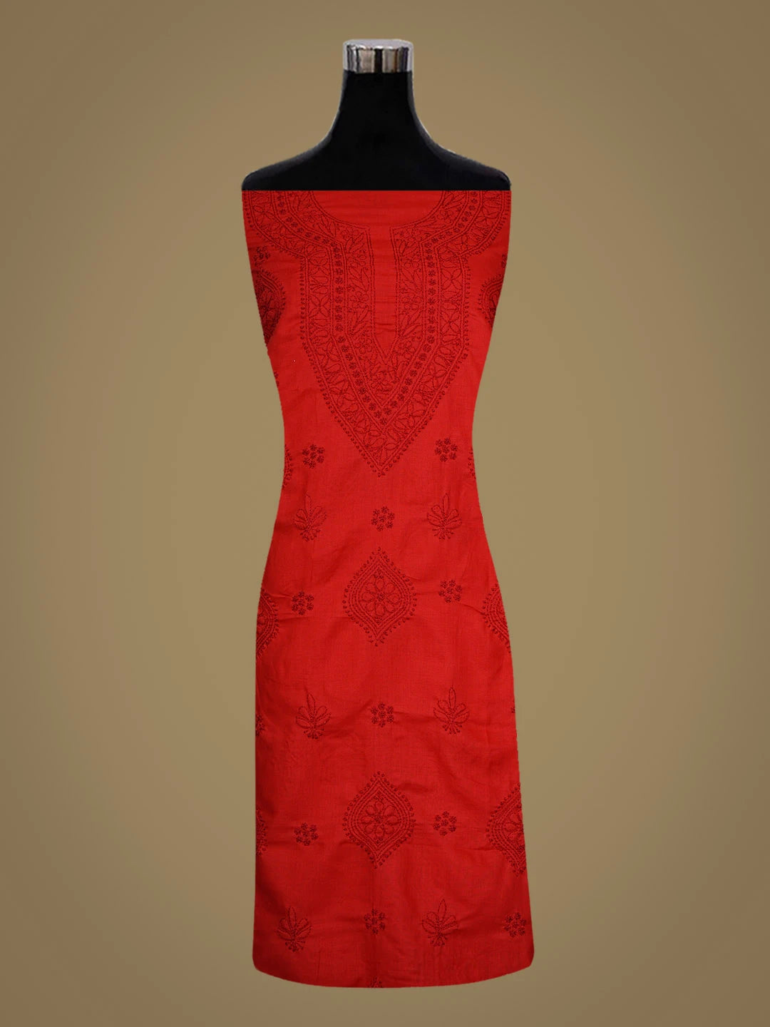 Ada Hand Embroidered Red Cotton Lucknowi Chikankari Unstitched Kurta Piece 01A917907