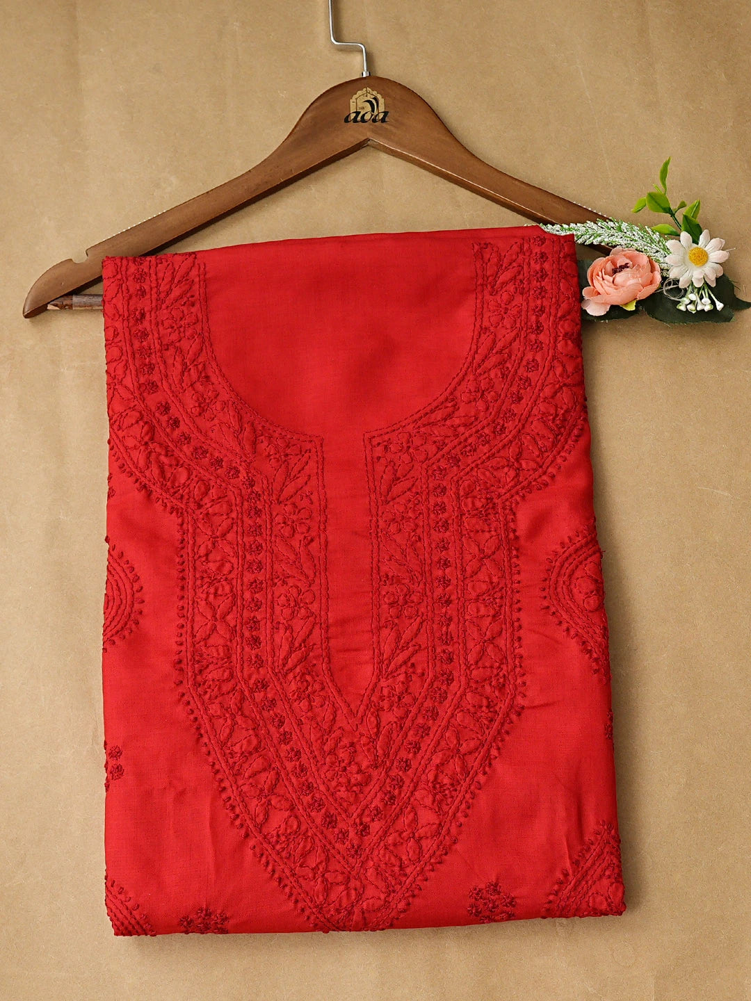 Ada Hand Embroidered Red Cotton Lucknowi Chikankari Unstitched Kurta Piece 01A917907