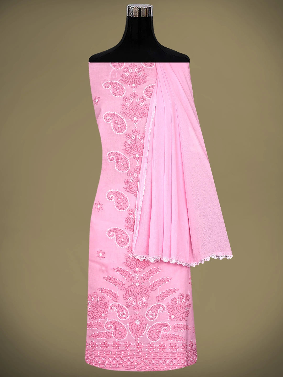 Ada Hand Embroidered Pink Cotton Lucknowi Chikankari Unstitched Suit Piece With Chiffon Dupatta 01A920534