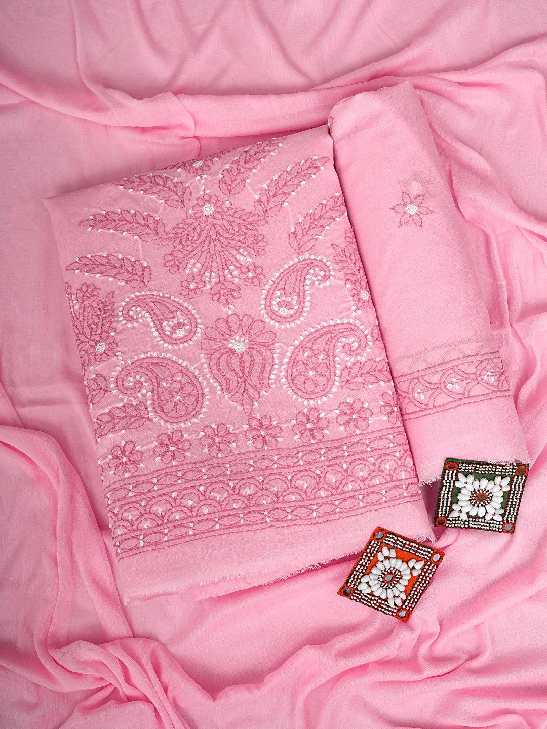 Ada Hand Embroidered Pink Cotton Lucknowi Chikankari Unstitched Suit Piece With Chiffon Dupatta 01A920534