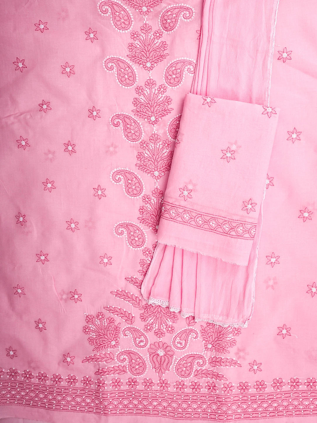 Ada Hand Embroidered Pink Cotton Lucknowi Chikankari Unstitched Suit Piece With Chiffon Dupatta 01A920534