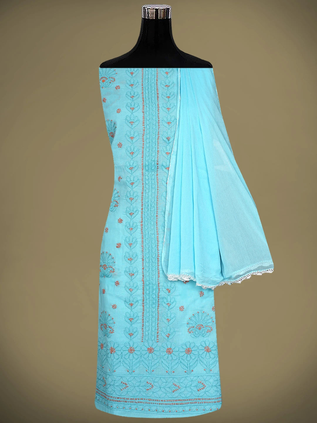 Ada Hand Embroidered Blue Cotton Lucknowi Chikankari Unstitched Suit Piece With Chiffon Dupatta 01A920503