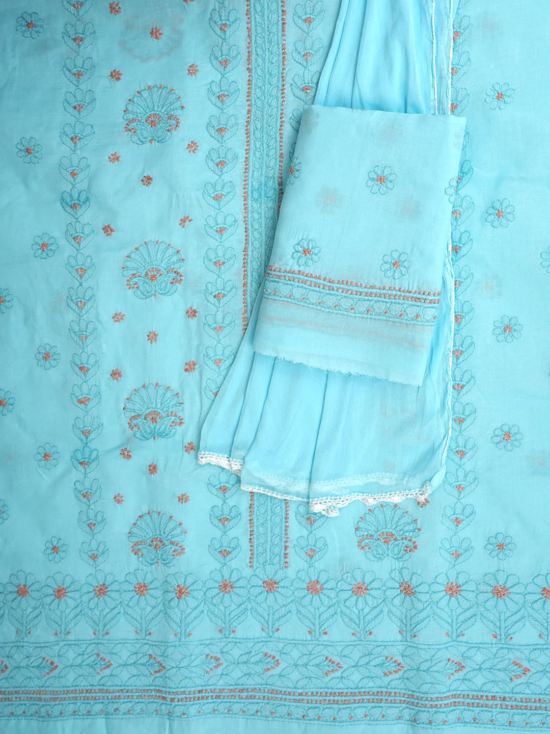 Ada Hand Embroidered Blue Cotton Lucknowi Chikankari Unstitched Suit Piece With Chiffon Dupatta 01A920503