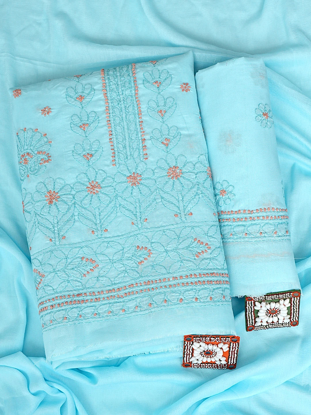 Ada Hand Embroidered Blue Cotton Lucknowi Chikankari Unstitched Suit Piece With Chiffon Dupatta 01A920503
