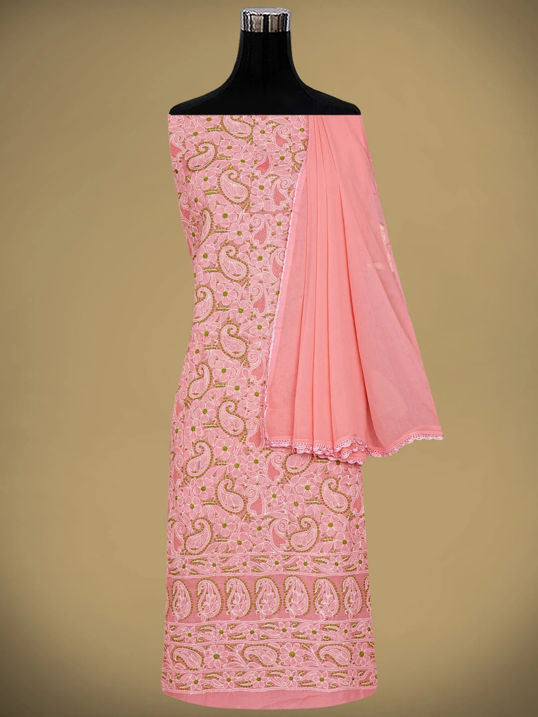 Ada Hand Embroidered Peach Cotton Lucknowi Chikankari Unstitched Suit Piece with Chiffon Dupatta 01A919450