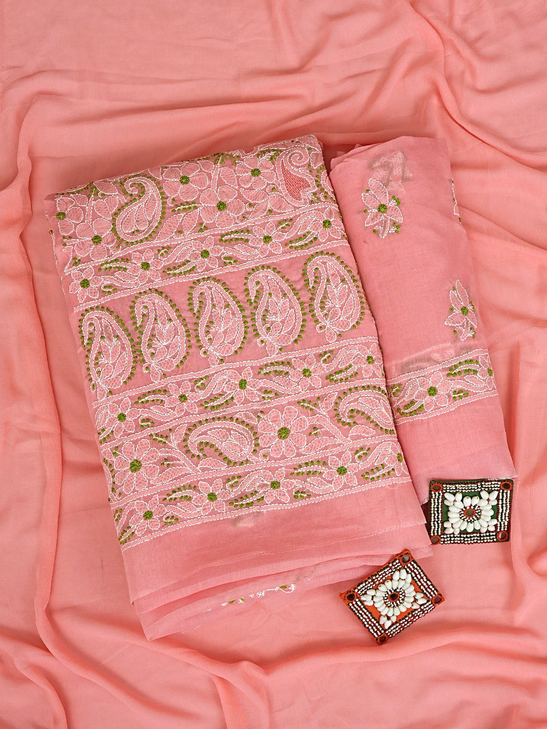 Ada Hand Embroidered Peach Cotton Lucknowi Chikankari Unstitched Suit Piece with Chiffon Dupatta 01A919450