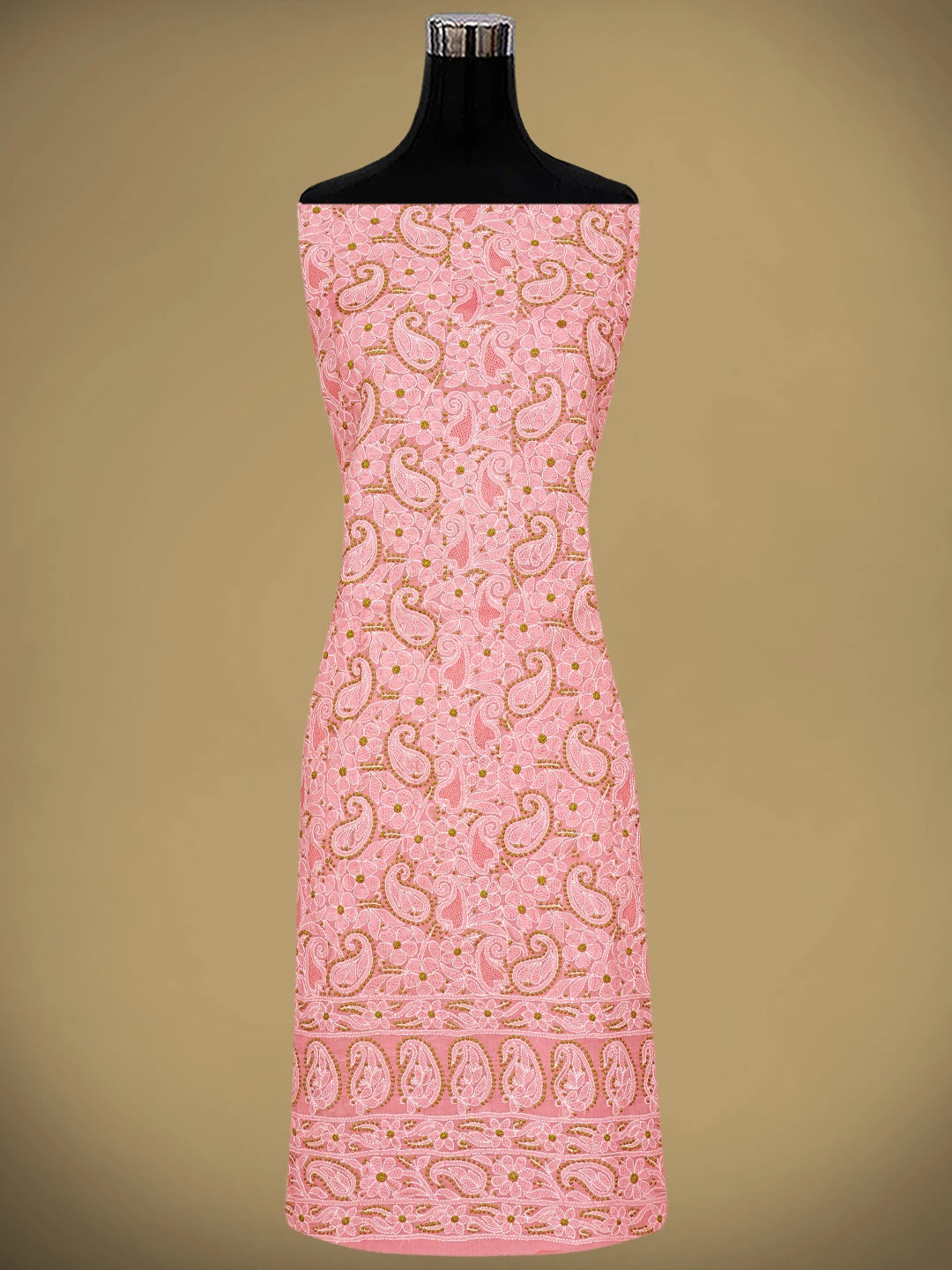 Ada Hand Embroidered Peach Cotton Lucknowi Chikankari Unstitched Suit Piece with Chiffon Dupatta 01A919450