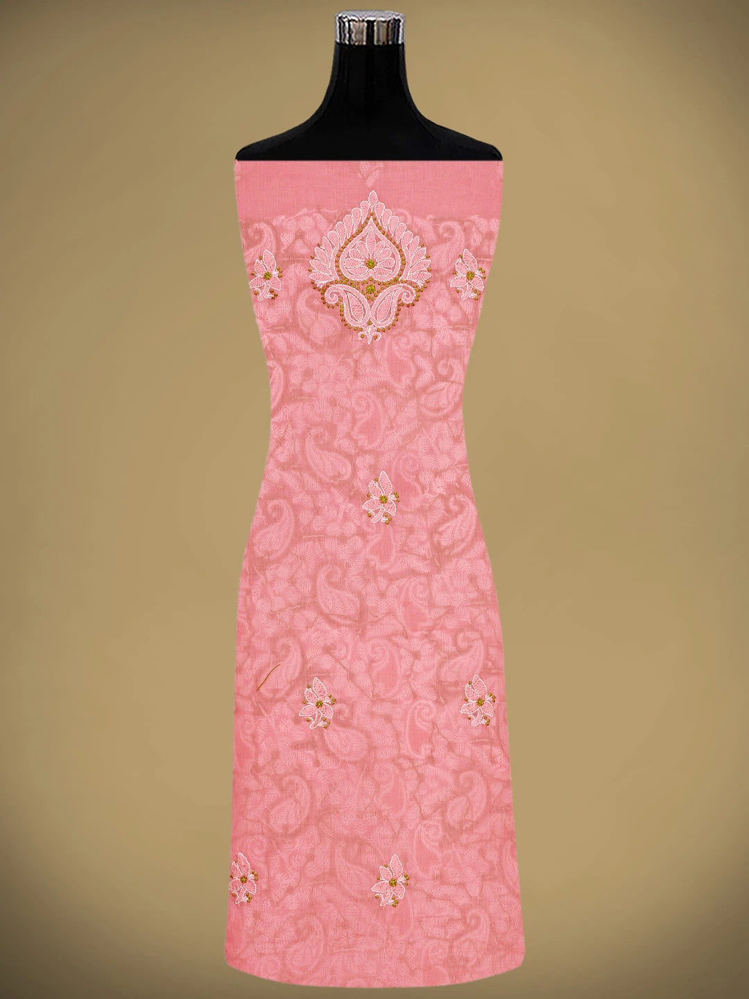 Ada Hand Embroidered Peach Cotton Lucknowi Chikankari Unstitched Suit Piece with Chiffon Dupatta 01A919450