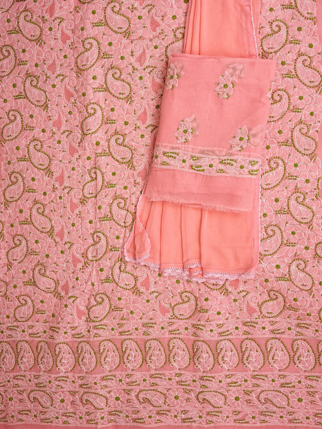 Ada Hand Embroidered Peach Cotton Lucknowi Chikankari Unstitched Suit Piece with Chiffon Dupatta 01A919450