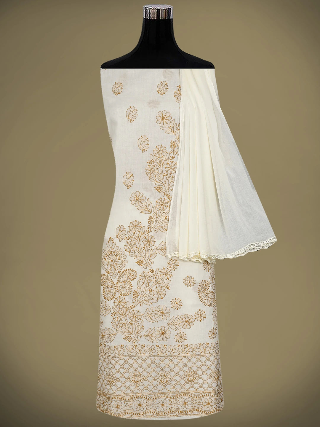 Ada Hand Embroidered Cream Cotton Lucknowi Chikankari Unstitched Suit Piece With Chiffon Dupatta 01A920539