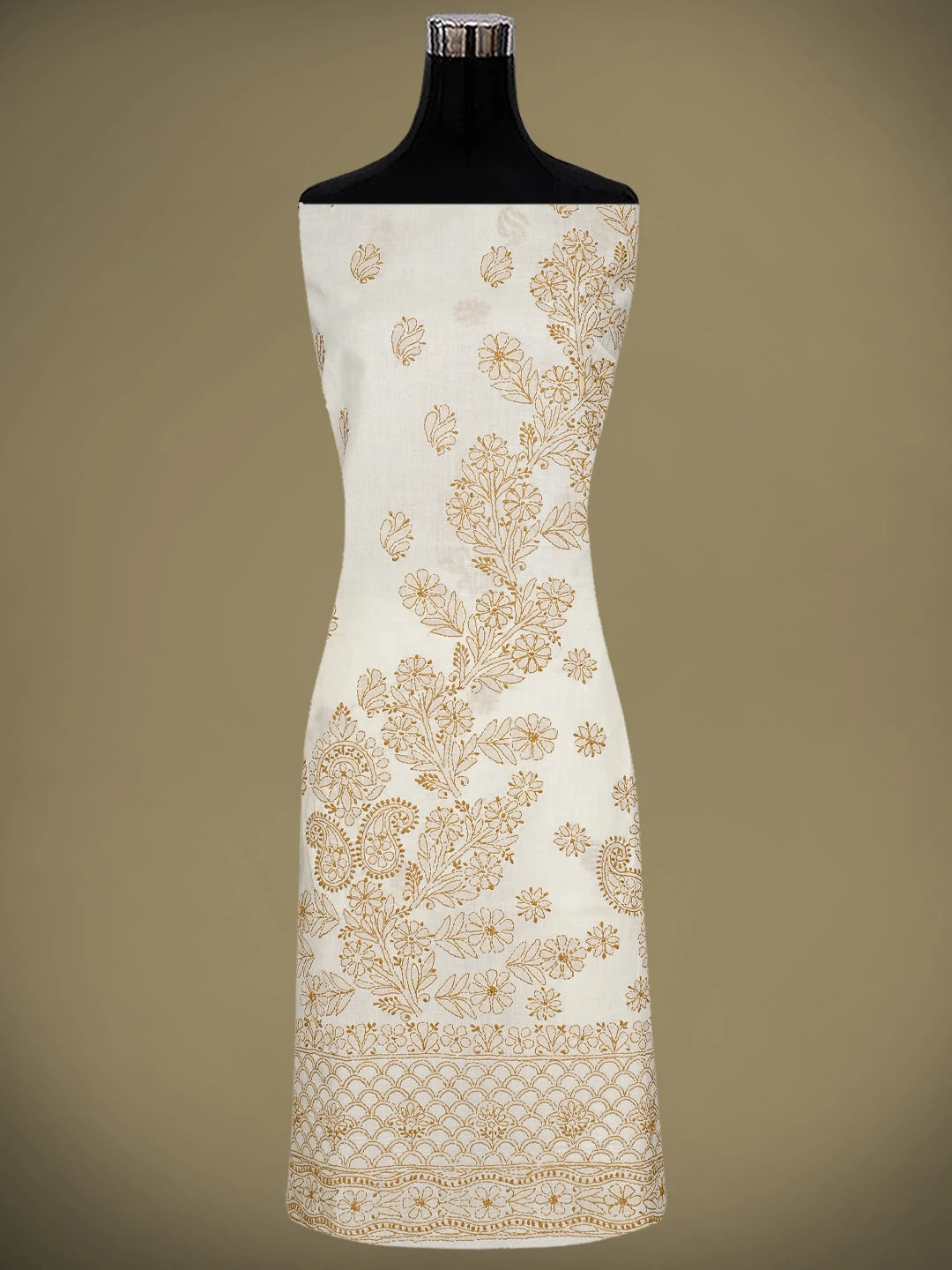 Ada Hand Embroidered Cream Cotton Lucknowi Chikankari Unstitched Suit Piece With Chiffon Dupatta 01A920539