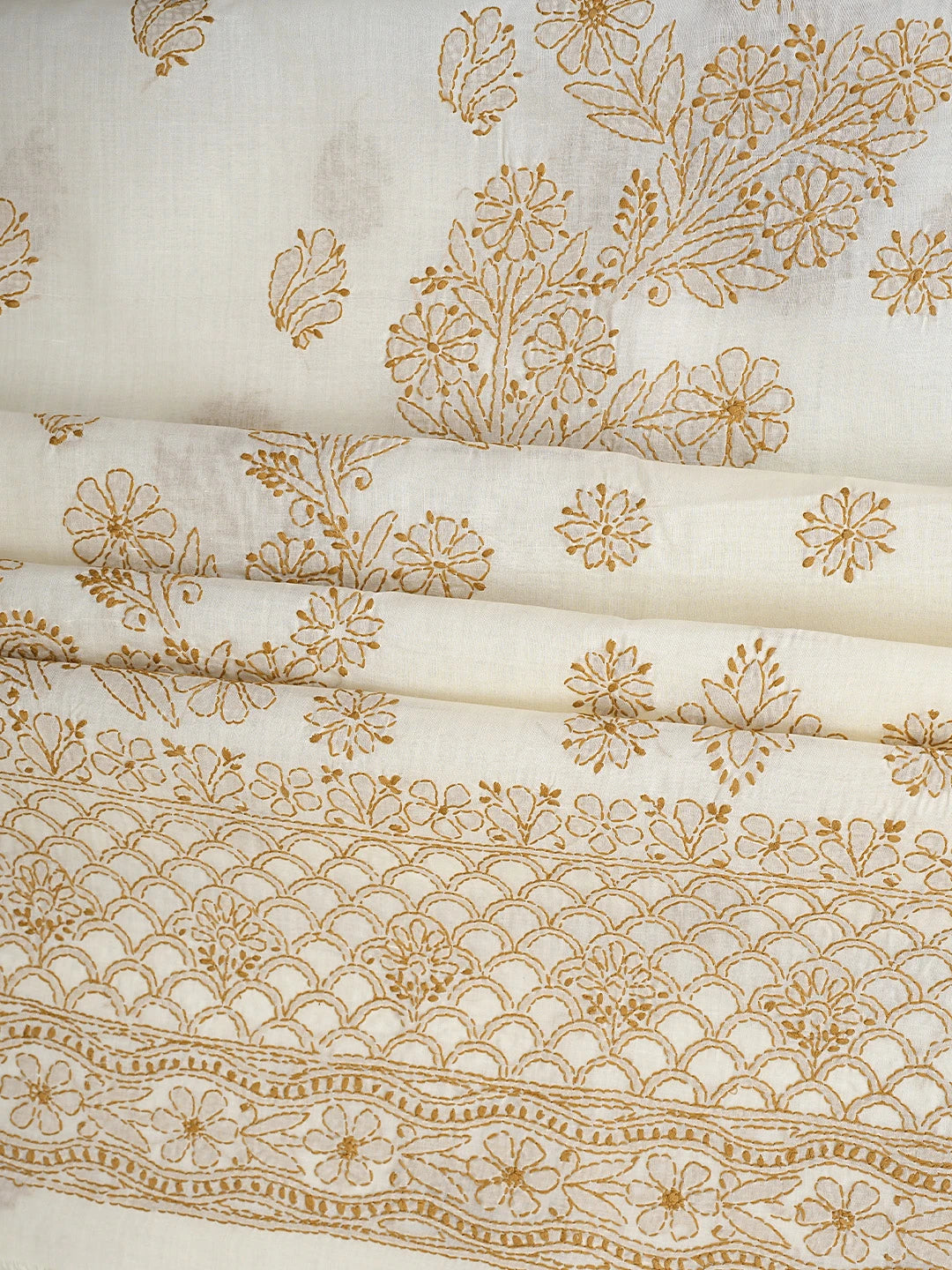 Ada Hand Embroidered Cream Cotton Lucknowi Chikankari Unstitched Suit Piece With Chiffon Dupatta 01A920539