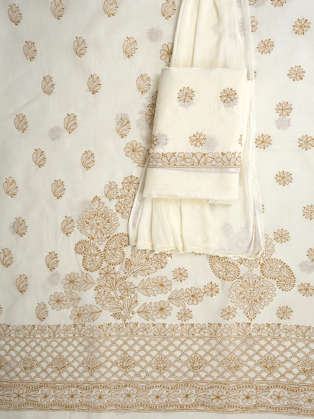 Ada Hand Embroidered Cream Cotton Lucknowi Chikankari Unstitched Suit Piece With Chiffon Dupatta 01A920539