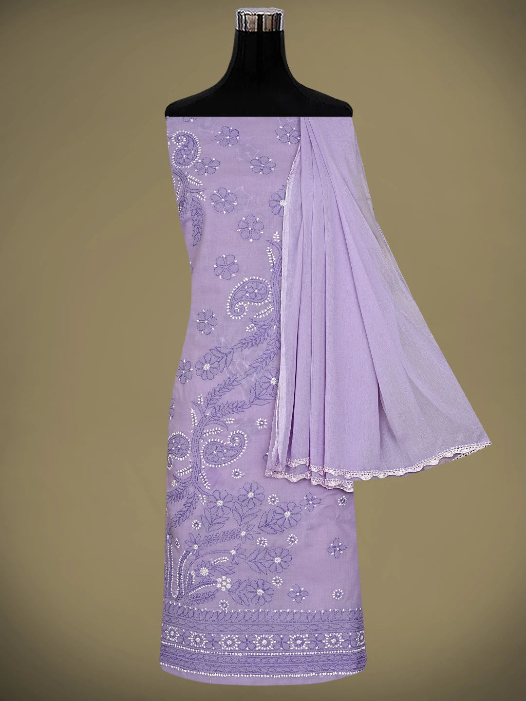Ada Hand Embroidered Mauve Cotton Lucknowi Chikankari Unstitched Suit Piece With Chiffon Dupatta 01A920508