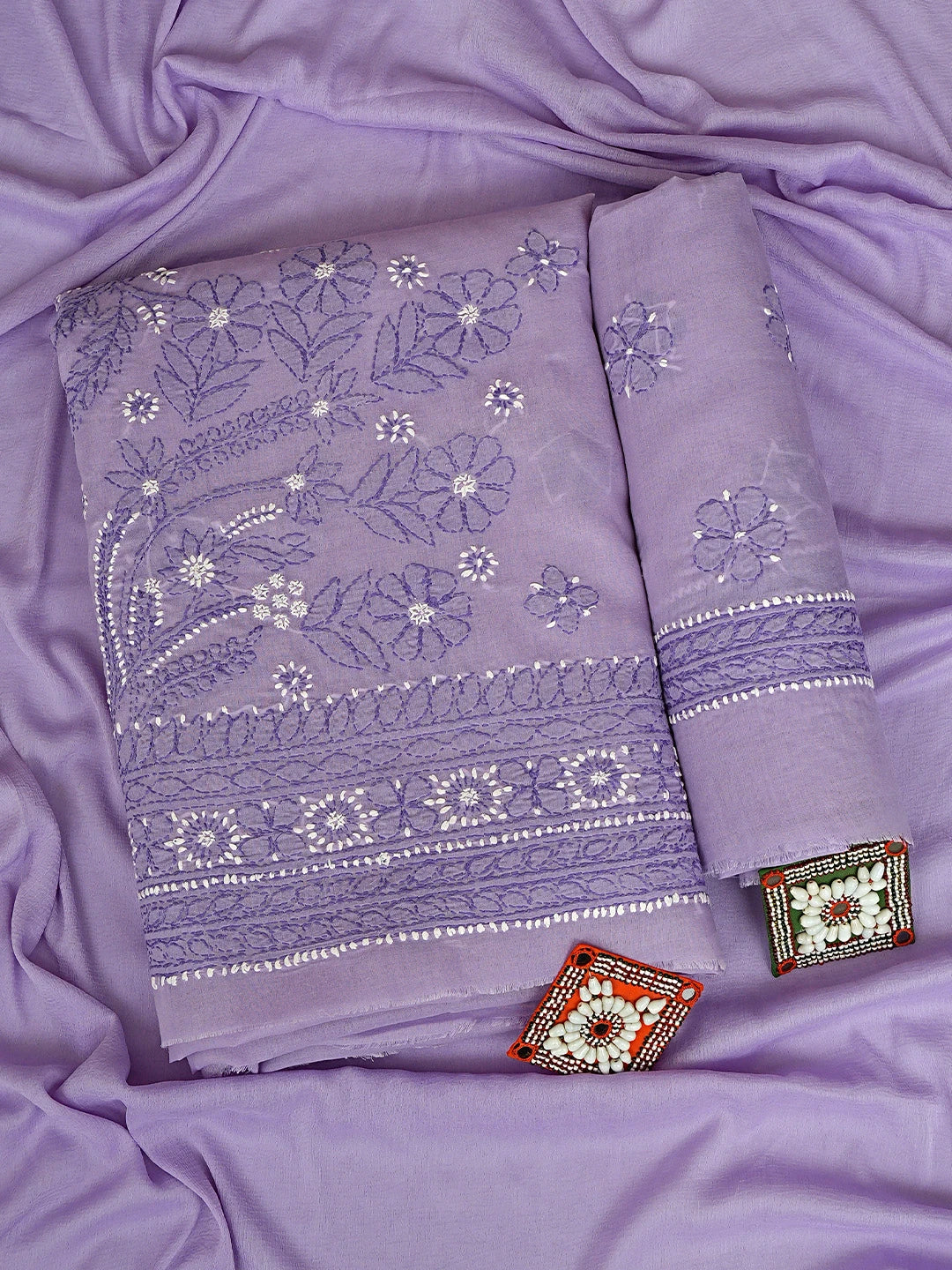 Ada Hand Embroidered Mauve Cotton Lucknowi Chikankari Unstitched Suit Piece With Chiffon Dupatta 01A920508