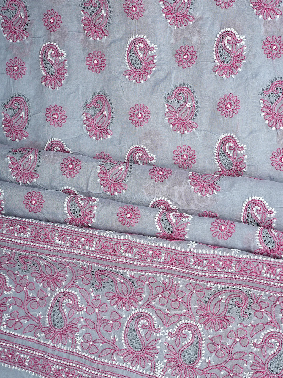 Ada Hand Embroidered Grey Cotton Lucknowi Chikankari Unstitched Suit Piece with Chiffon Dupatta  01A919367