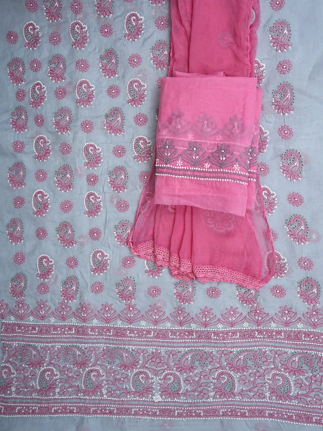 Ada Hand Embroidered Grey Cotton Lucknowi Chikankari Unstitched Suit Piece with Chiffon Dupatta  01A919367