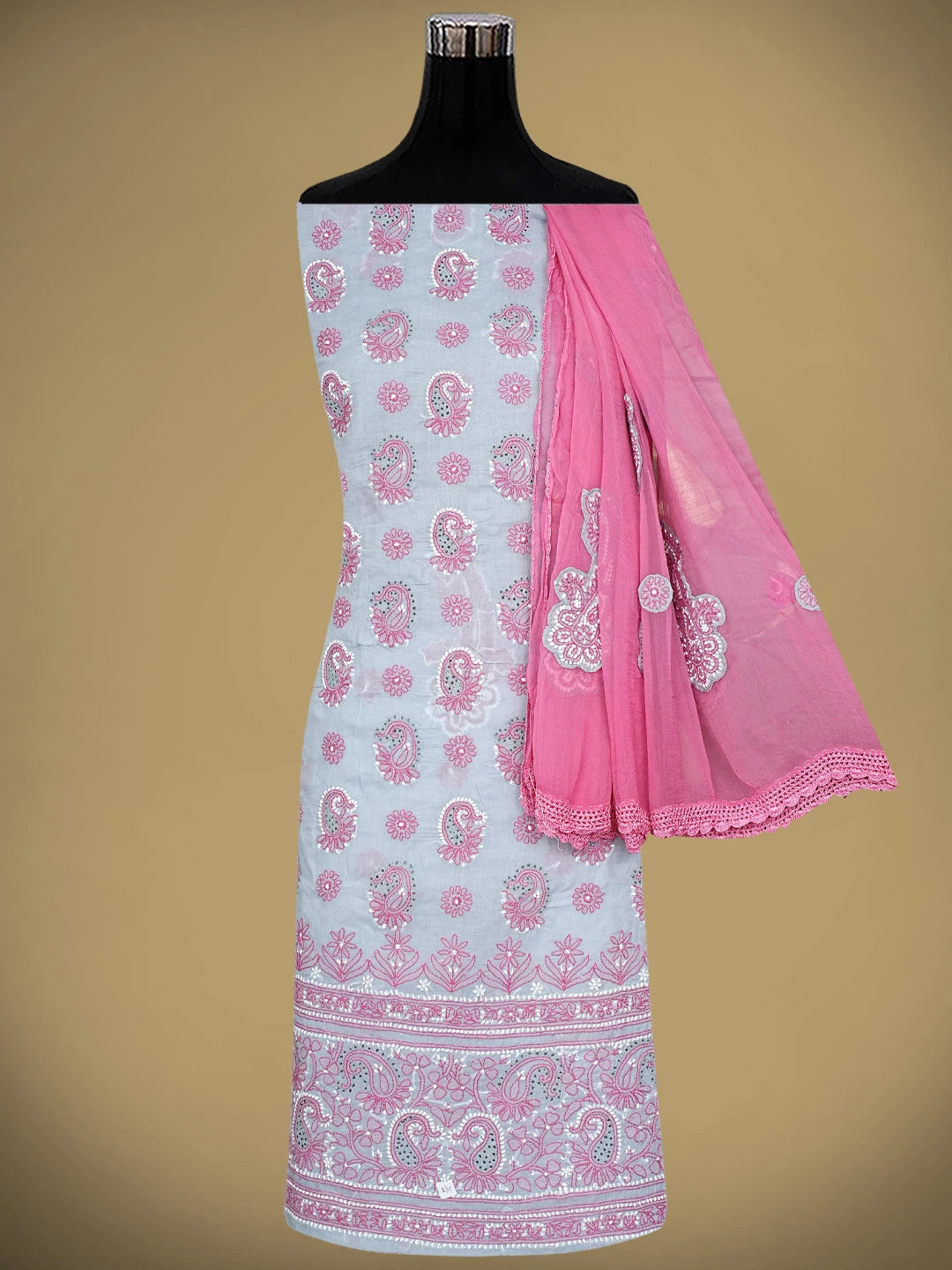 Ada Hand Embroidered Grey Cotton Lucknowi Chikankari Unstitched Suit Piece with Chiffon Dupatta  01A919367