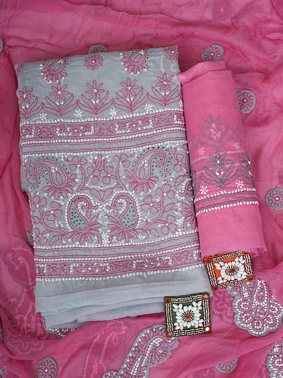 Ada Hand Embroidered Grey Cotton Lucknowi Chikankari Unstitched Suit Piece with Chiffon Dupatta  01A919367