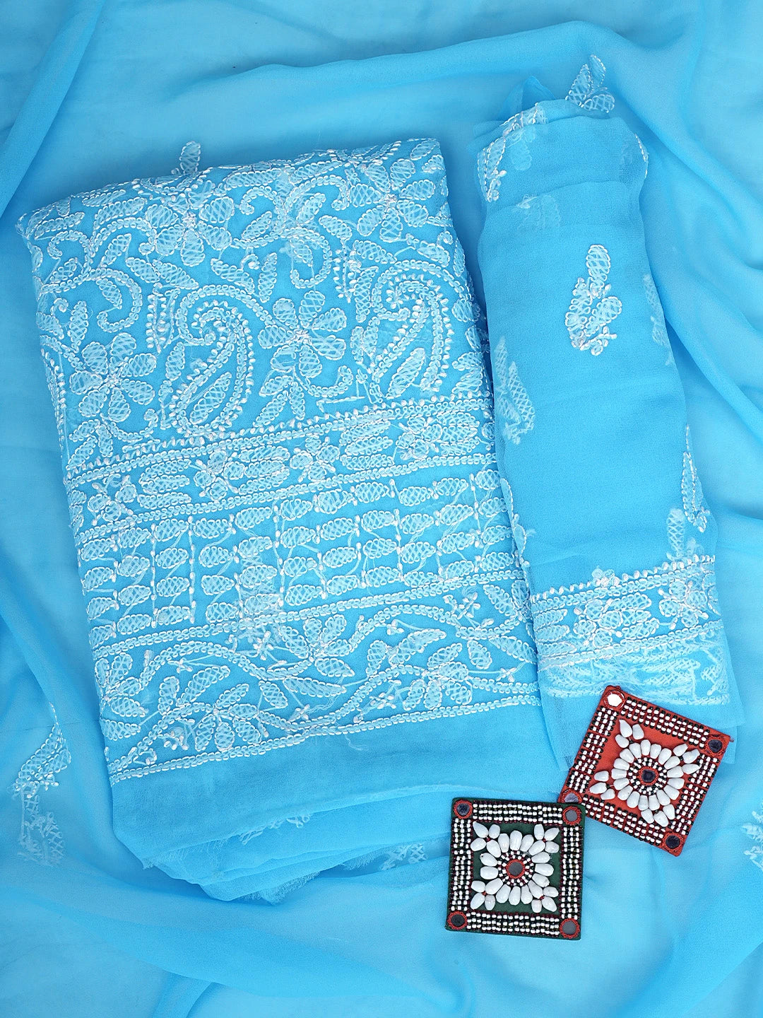 Ada Hand Embroidered Blue Faux Georgette Lucknowi Chikankari Unstitched Suit Piece 01A915183