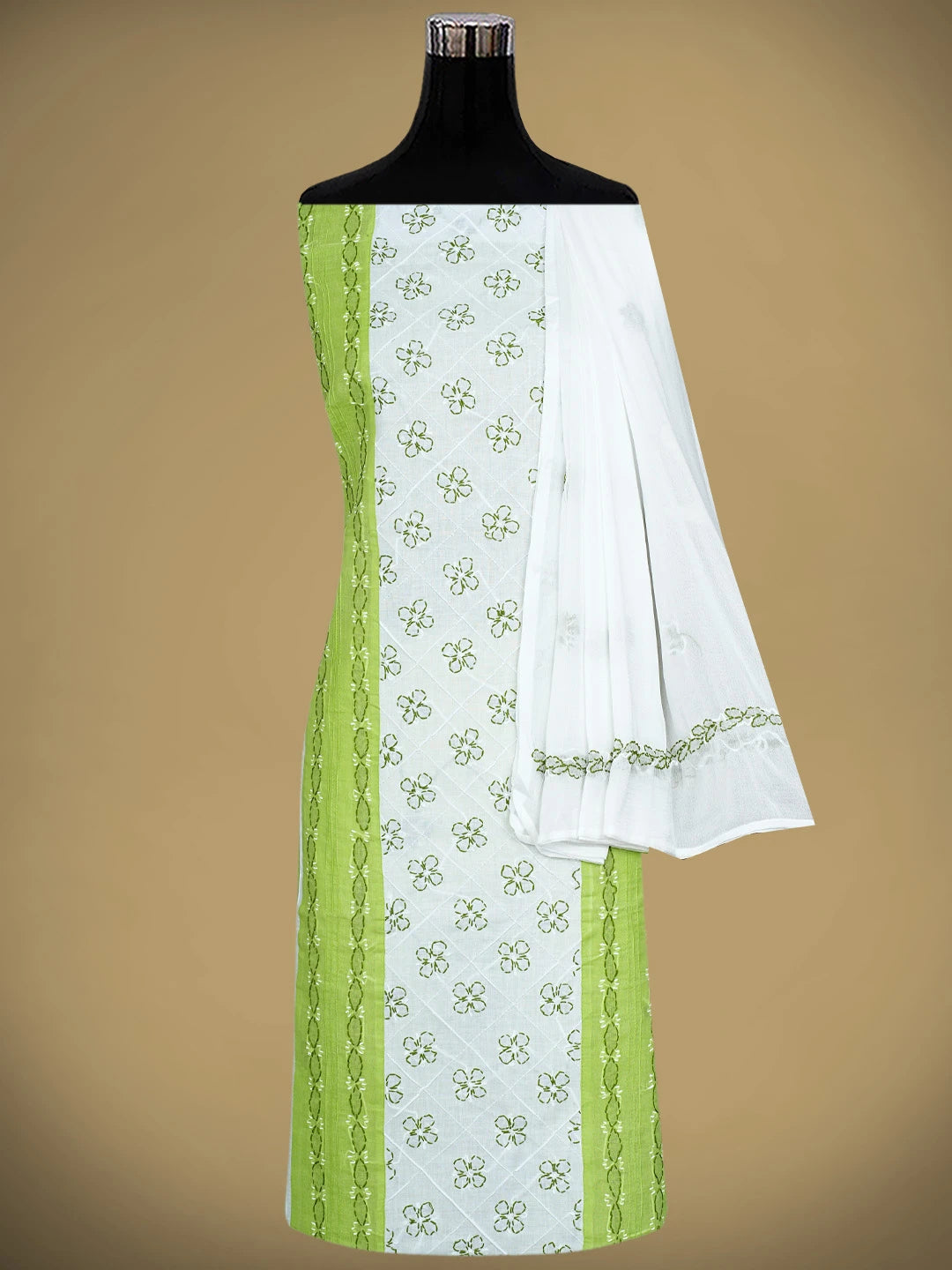 Ada Hand Embroidered White and Green Cotton Lucknowi Chikankari Unstitched Suit Piece 01A818365