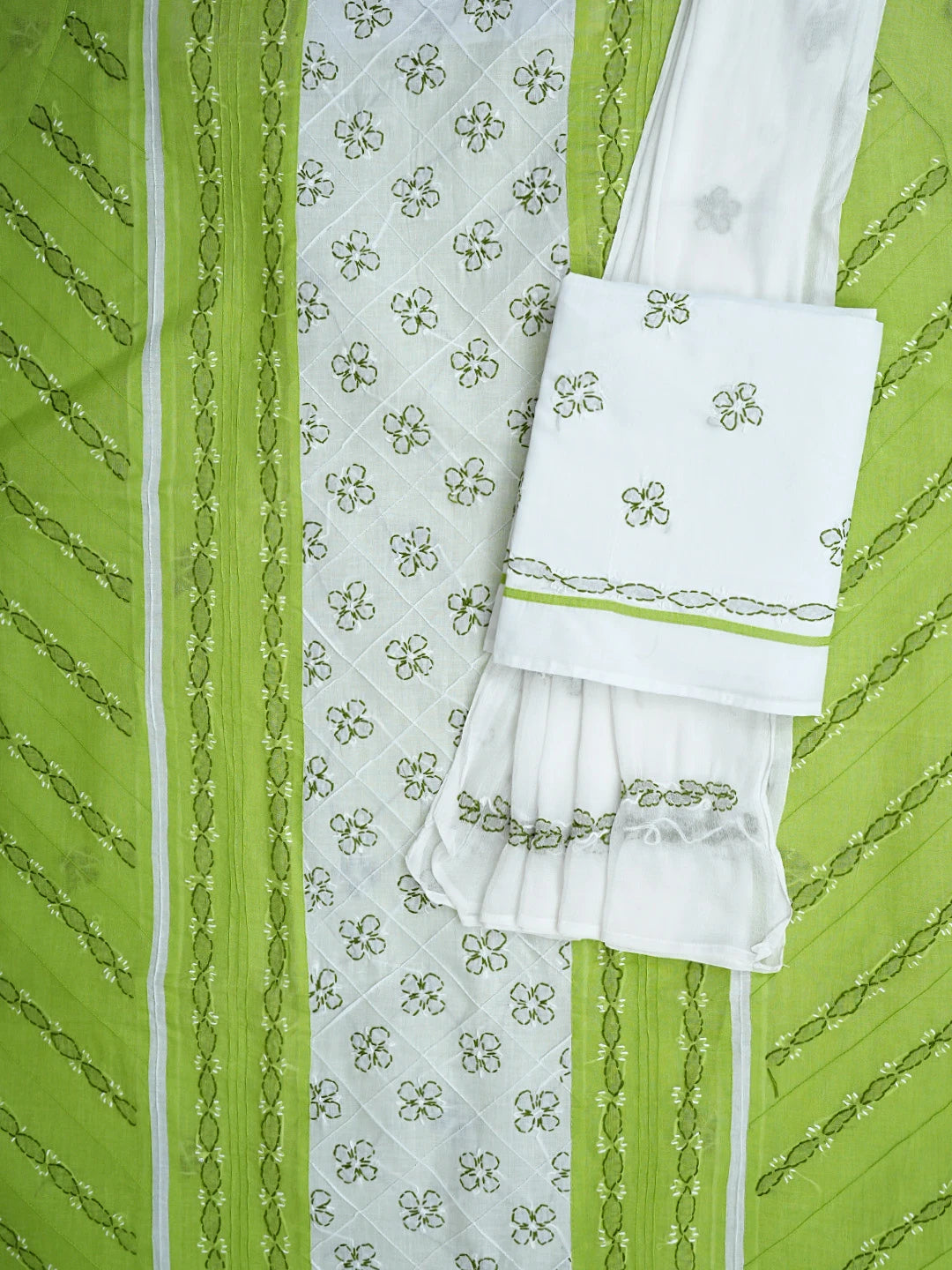Ada Hand Embroidered White and Green Cotton Lucknowi Chikankari Unstitched Suit Piece 01A818365