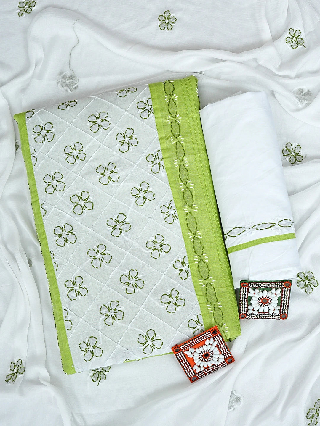 Ada Hand Embroidered White and Green Cotton Lucknowi Chikankari Unstitched Suit Piece 01A818365