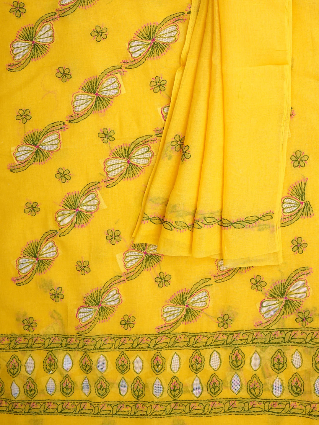 Ada Hand Embroidered Yellow Cotton Lucknowi Chikankari Unstitched Suit Piece 01A853527
