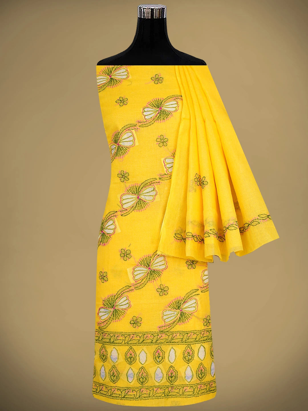 Ada Hand Embroidered Yellow Cotton Lucknowi Chikankari Unstitched Suit Piece 01A853527