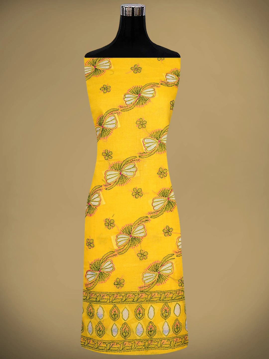 Ada Hand Embroidered Yellow Cotton Lucknowi Chikankari Unstitched Suit Piece 01A853527