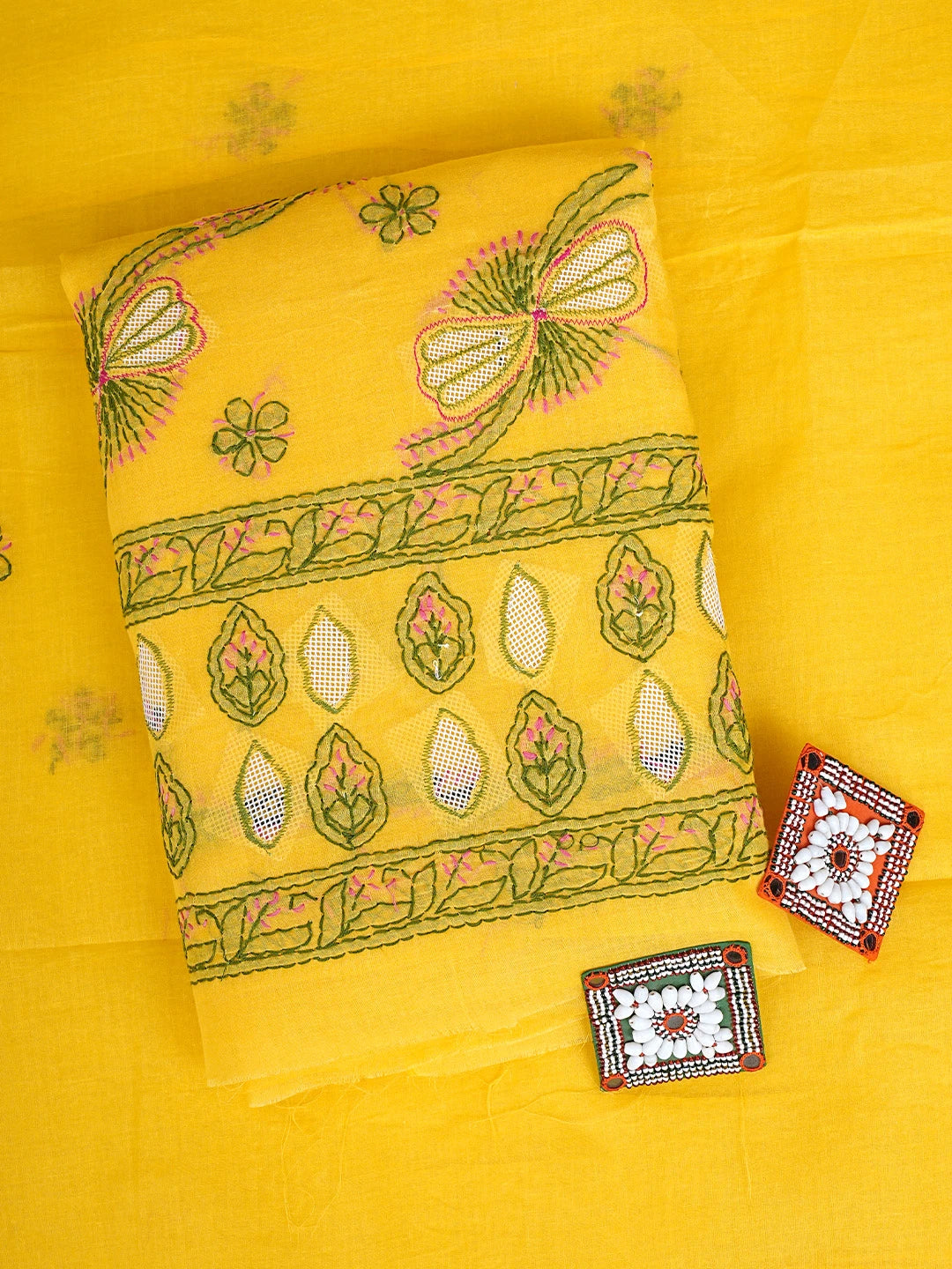 Ada Hand Embroidered Yellow Cotton Lucknowi Chikankari Unstitched Suit Piece 01A853527