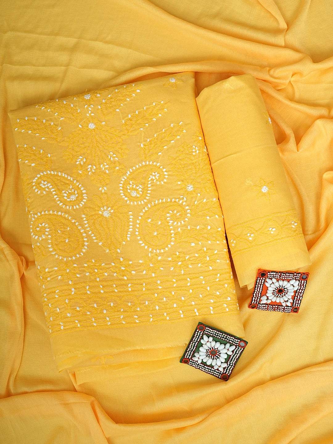 Ada Hand Embroidered Yellow Cotton Lucknowi Chikankari Unstitched Suit Piece 01A920523